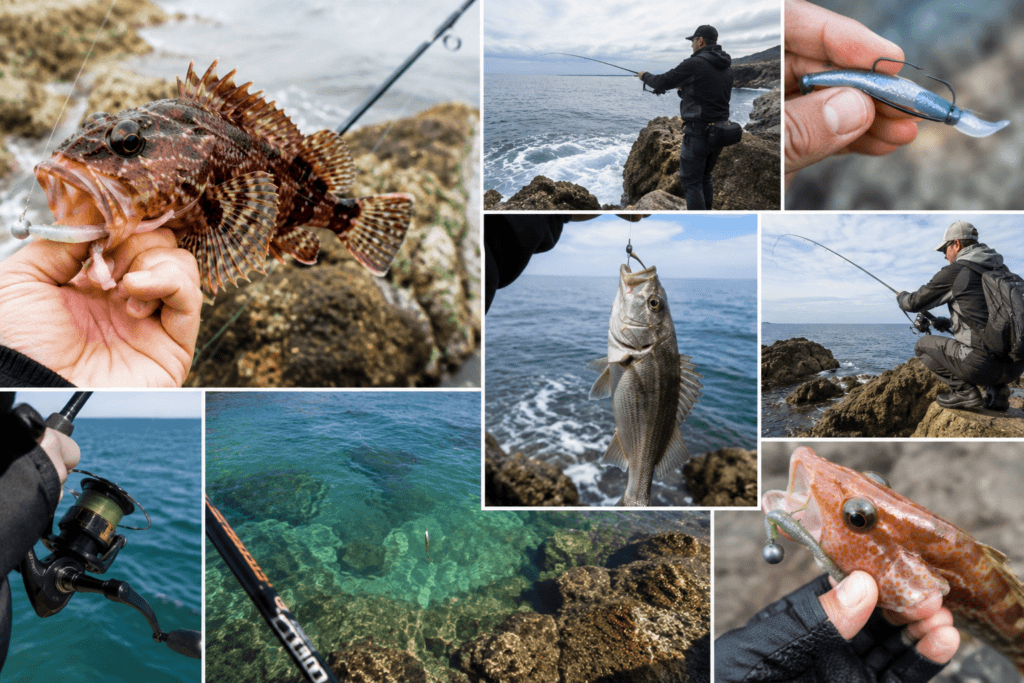 diverses images de peche dans les roches du bord