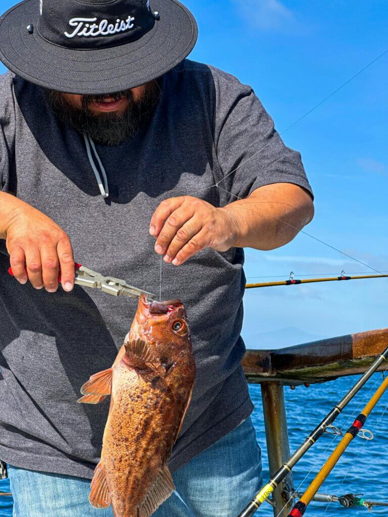 pecheur qui détache un poisson de sa canne
