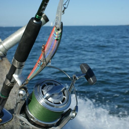 Leurre monté sur une canne en mer